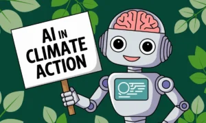 AI Robot Holding A Card That Reads AI in Climate Action