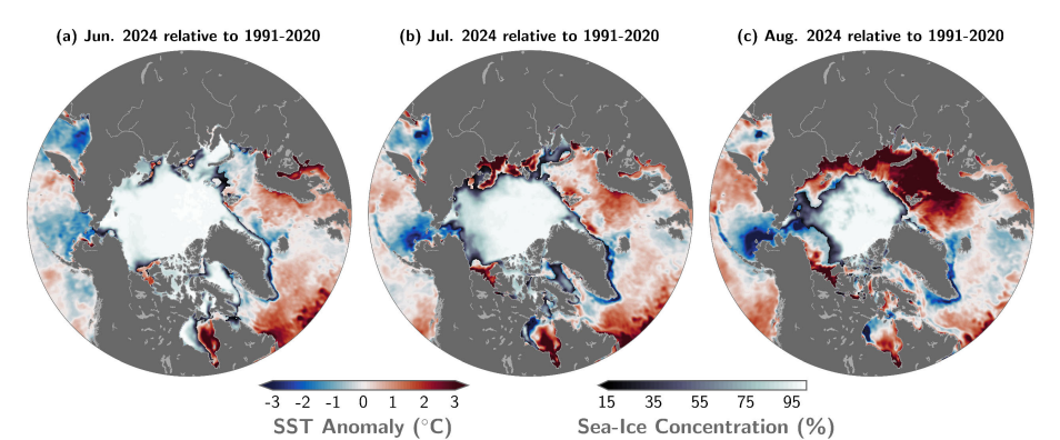 Sea surface temperature anomalies in 2024 relative to 1991 2020